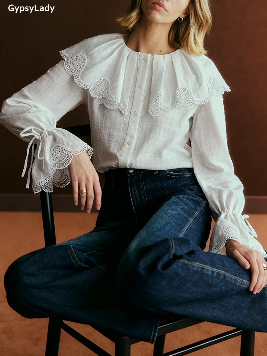 ヴィンテージフレンチスタイル白ブラウスシャツ女性花柄刺繍レースネクタイベルスリーブ綿ボタン付きカジュアルレディースシャツトップス