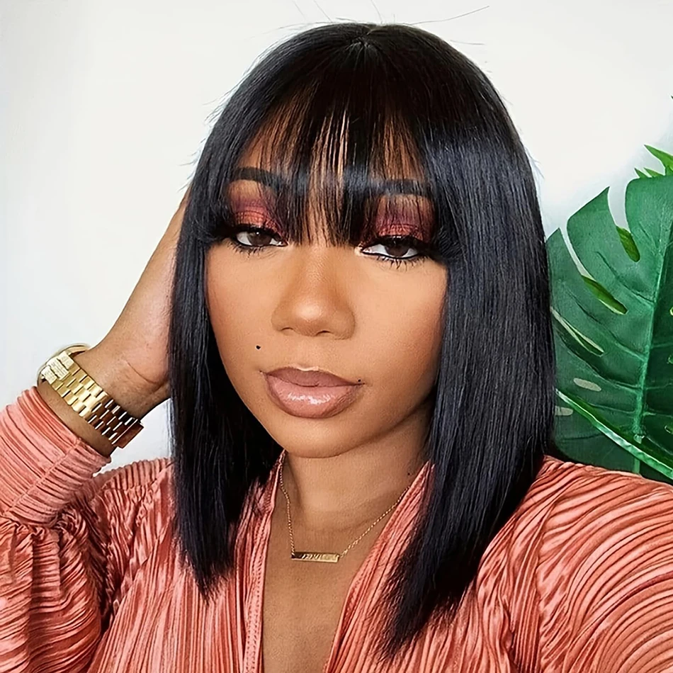 Wiggogo 3X1 Middle Part Lace Wig Bob Wigs Full Machine Made Bone Straight Human Hair Wigs With Bangs Short Bob Human Hair Wigs