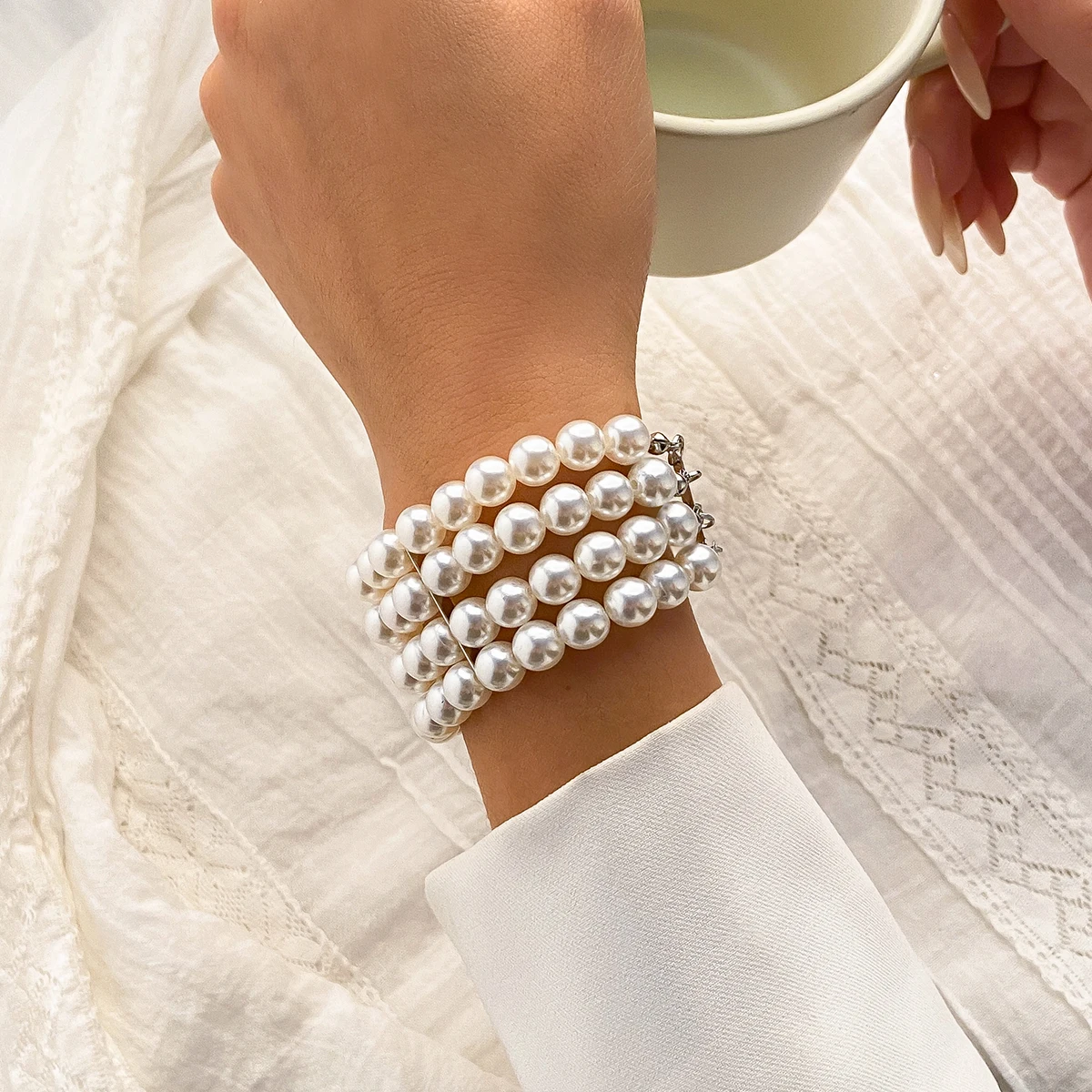 IngeSight.Z Luxury Multilayer Imitation Pearl Beaded Wide Cuff Bracelets For Women Simple Charm Bangles Party Birthday Gifts