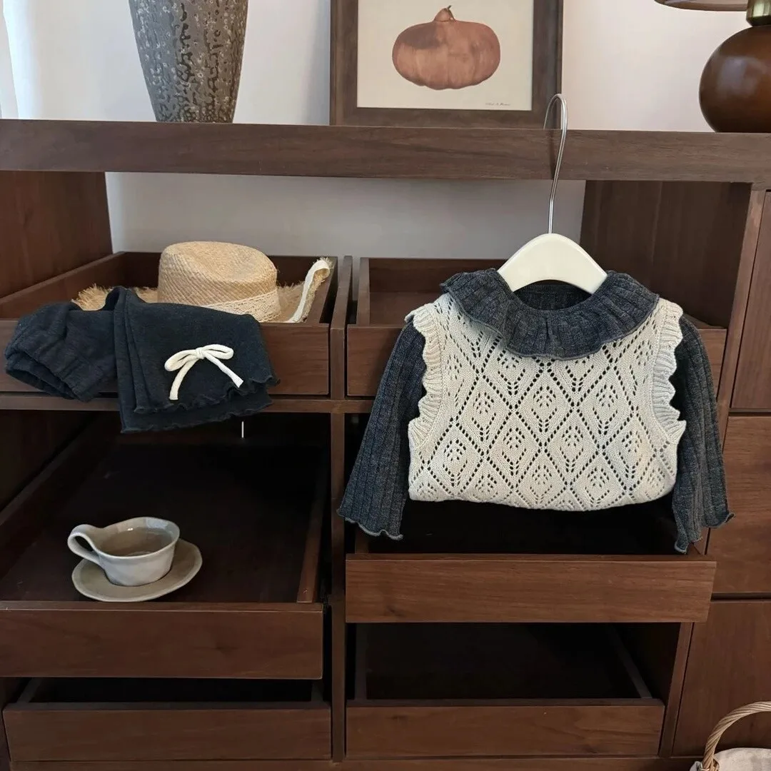 Original Korean Baby Girl Ruffled Collar Hollow Knit Vest Bow Knot Flare Pants Fashion New Autumn Match
