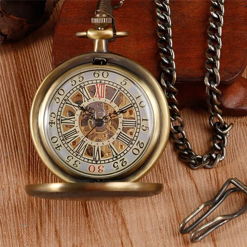 البرونزية خمر نمط الرجال النساء Handwinding الميكانيكية الهيكل العظمي ساعات الجيب كامل هنتر حالة قلادة فوب سلسلة ساعة هدية relo