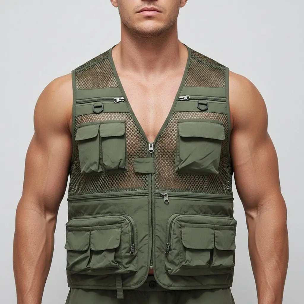 

Versatile Men Sleeveless Vest Outdoor Fishing Mesh Breathable Jackets 2026 New V Neck Multi Pocket Function Workwear Waistcoat