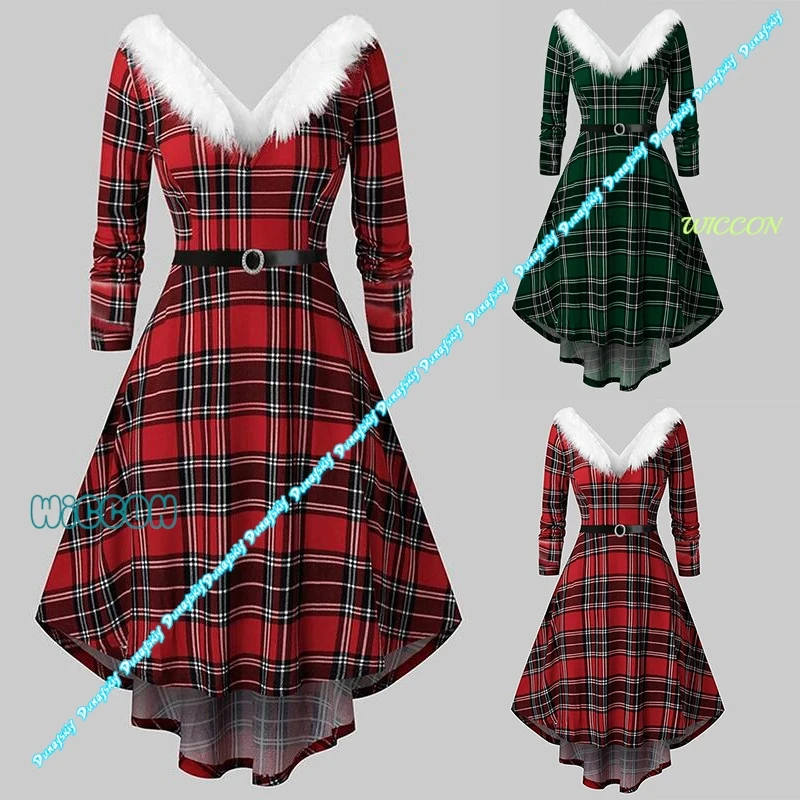 

Женское винтажное рождественское платье с сетчатым узором, красное, зеленое, с длинными рукавами, рождественское праздничное платье, осенне-зимняя уличная одежда