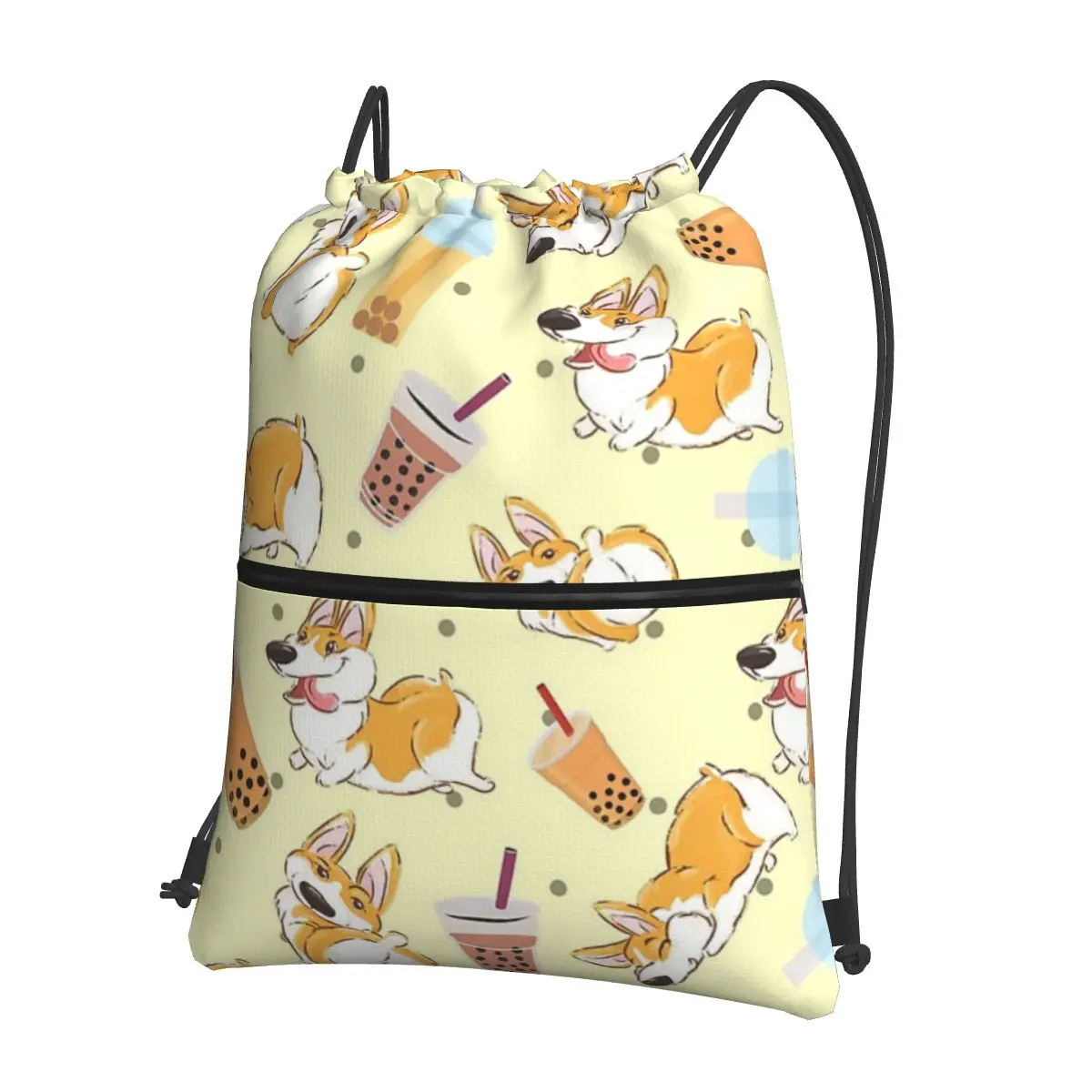 Corgi And Bubble Tea-mochila portátil con cordón para hombre y mujer, bolsa con cordón de moda, bolsa de artículos diversos de bolsillo para viajes, deporte