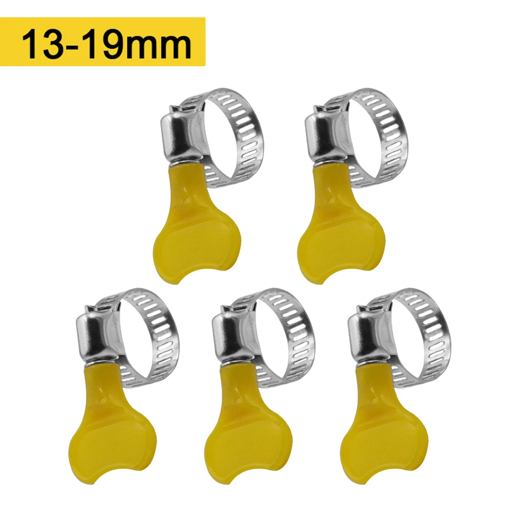 5pcs 10-38mm Adjustable Yellow Plastic Handle Hand Wriggle Hose Clamps Pipe Clip For Air Hoses Water Pipes Fuel Hoses Silicon