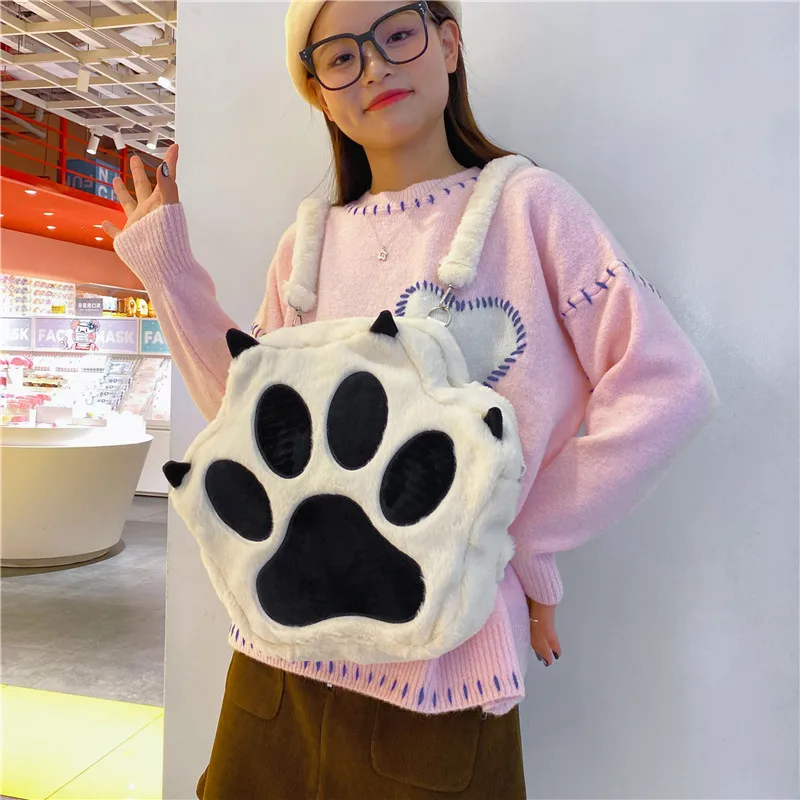 Cute Cat Paw Plush Backpack with Adjustable Straps Kawaii Bag with Zipper Cartoon Backpack for Women Students Backpack Plush Bag