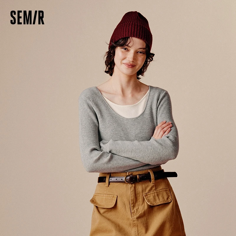 Semir Sweater Women Color-Block Faux Two-Piece Sweater Slim Fit Versatile 2024 New Autumn Round Neck Pullover Slimming Effect