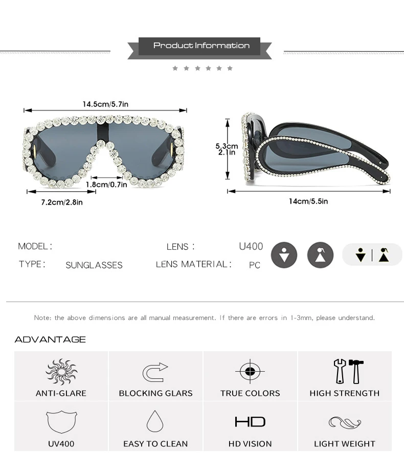 Glänzende Diamanten Y2K Sonnenbrille Frauen Luxus Übergroße Einteilige Sonnenbrille Goggle Weibliche Trends Strass Shades Brillen UV400 – Detail 4