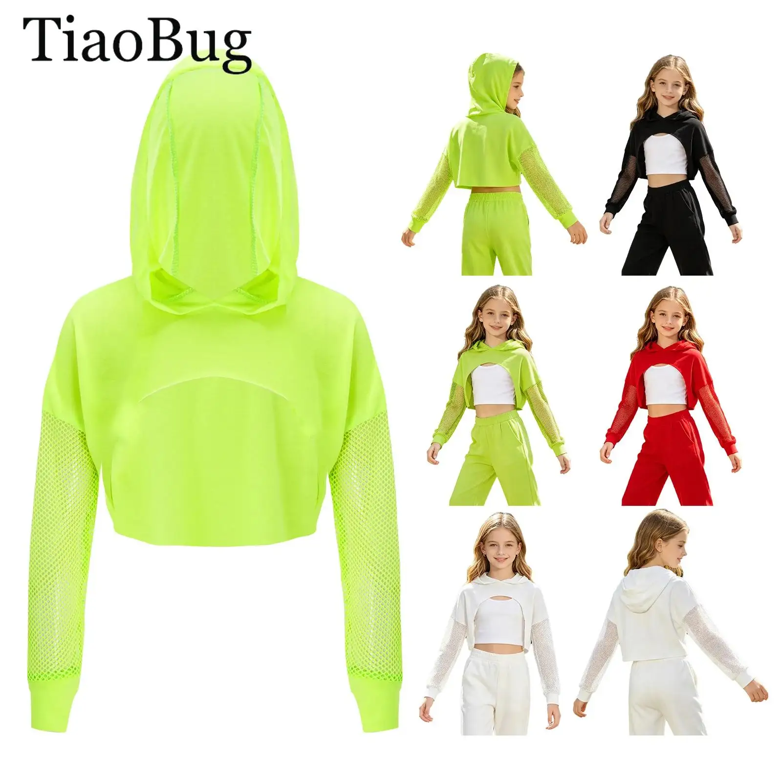 Kids Girls Hip-Hop Jazz Dance Street Performance Costume Drawstring Hooded Crop Top Sheer Mesh Long Sleeve Hoodie Jackets Shirts