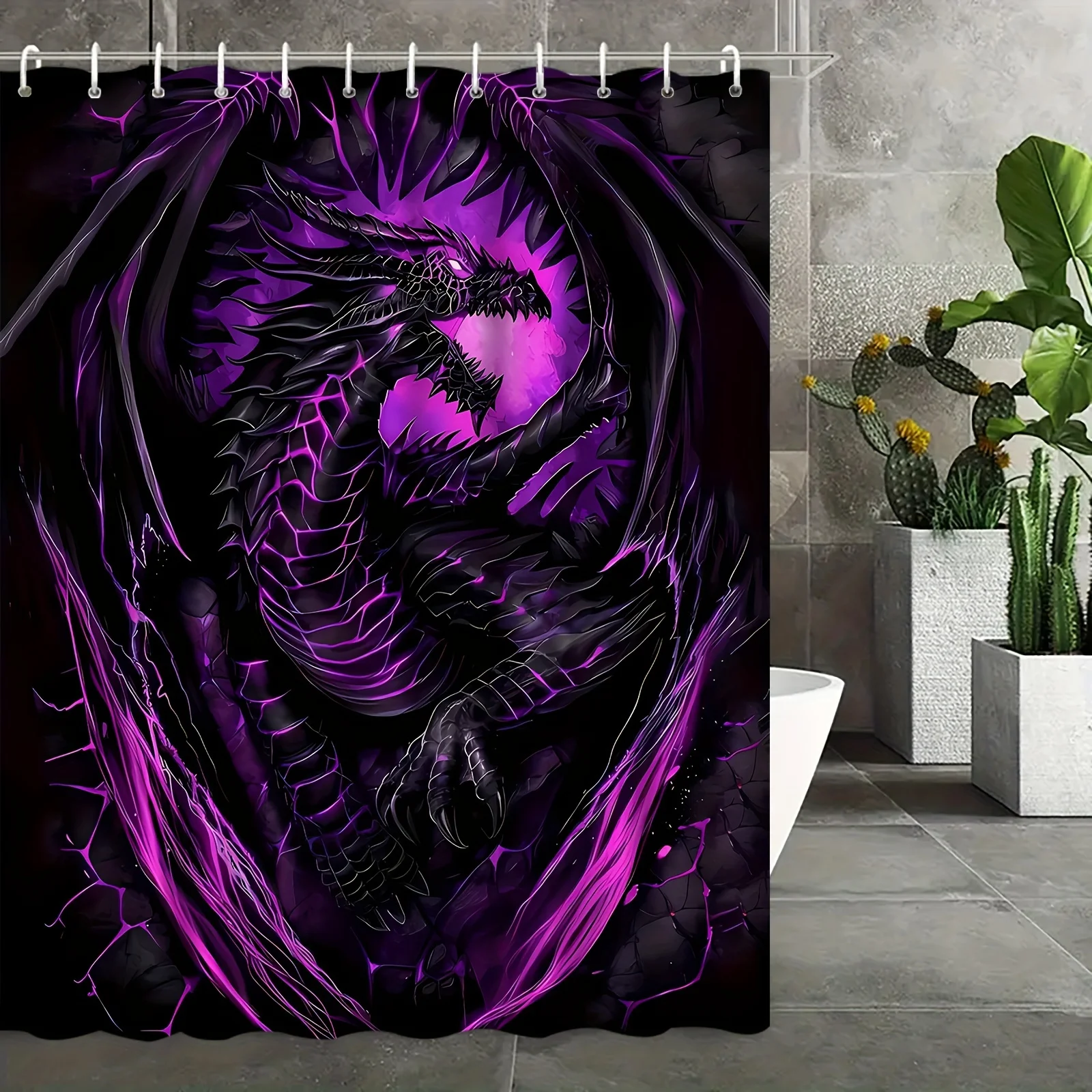 Purple Dragon Shower Curtain, Dark Fantasy Winged Beast & Neon Glow Print Waterproof Bathroom Decor, Gothic Home Bath Screen
