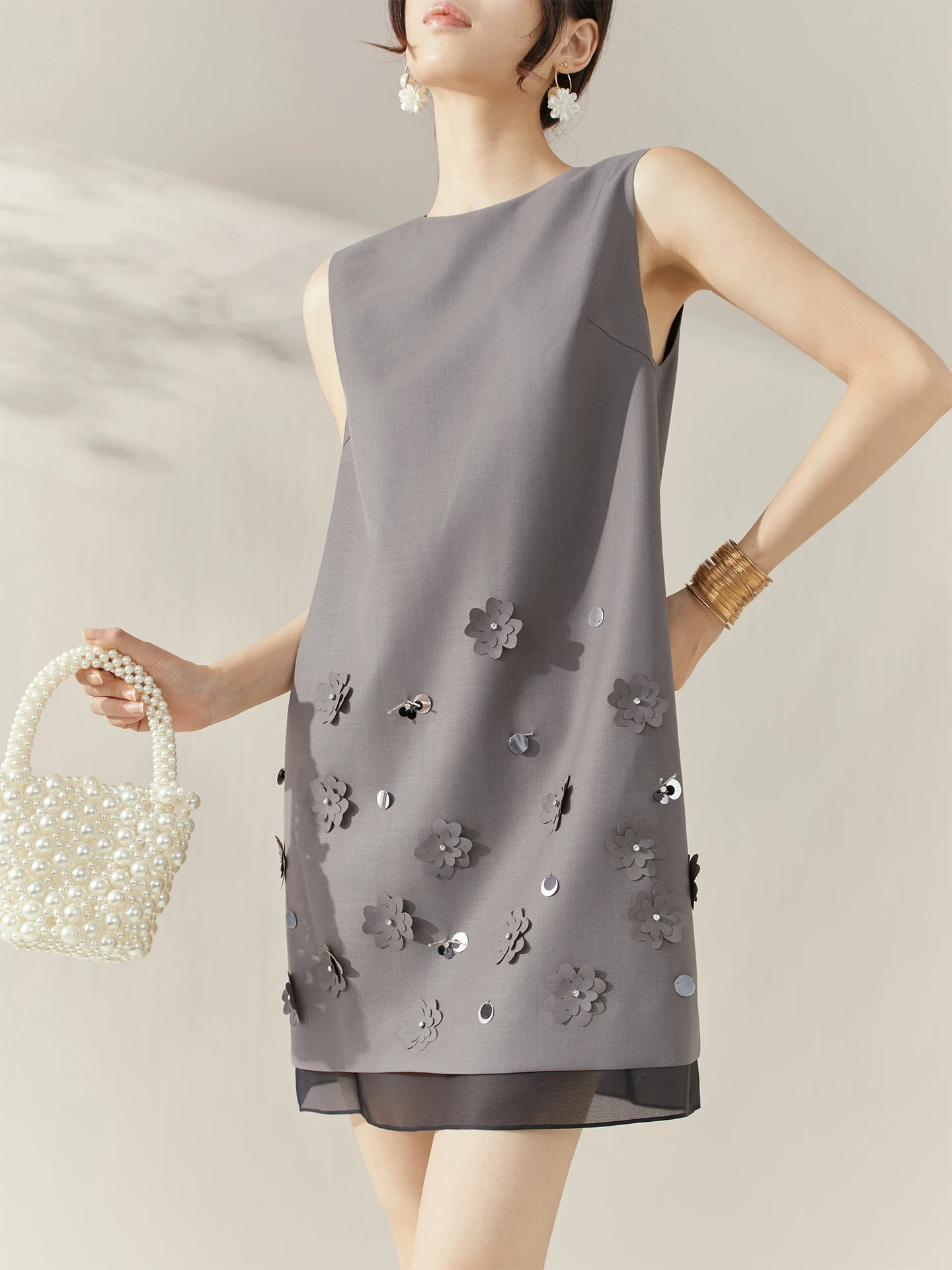 Francuska Moda Elegancka Socjeta Koraliki Naszywki 3D Kwiatowa Okrągły Dekolt Bez Rękawów Luźna Sukienka Trapezowa Codzienna Krótka Sukienka Damska Letnia