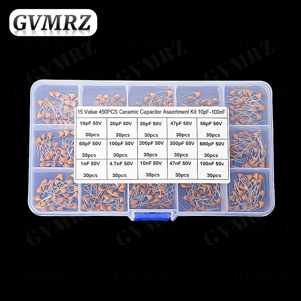 450PCS Kit condensatori ceramici monolitici 10pF - 100NF 50V 10PF 30PF 47PF 56PF 68PF 100PF 200PF 300PF PF 10NF 100NF MLCC con scatola