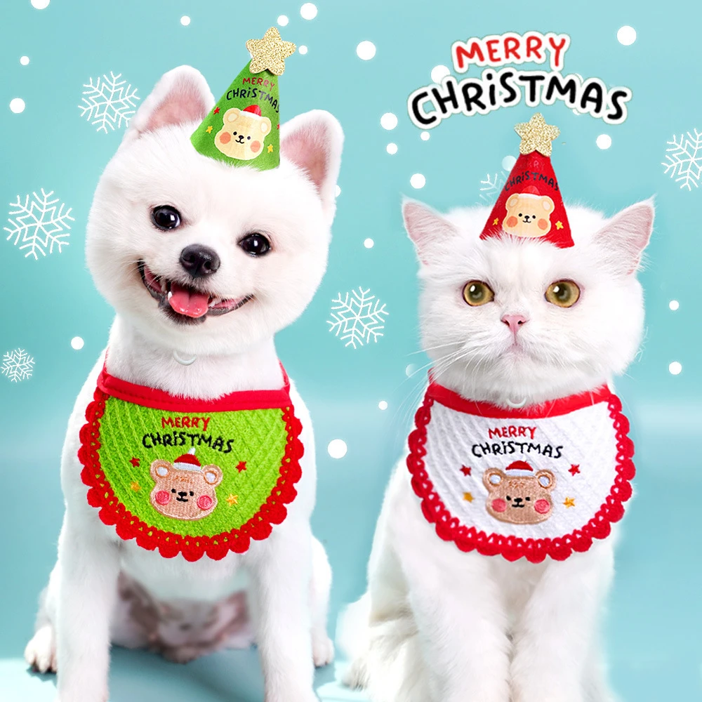 

Pet Christmas Supplies Cute Embroidery Bear Bibs Hat Suit Cat Puppy Decoration Saliva Scarf Xmas Party Atmosphere Accessories