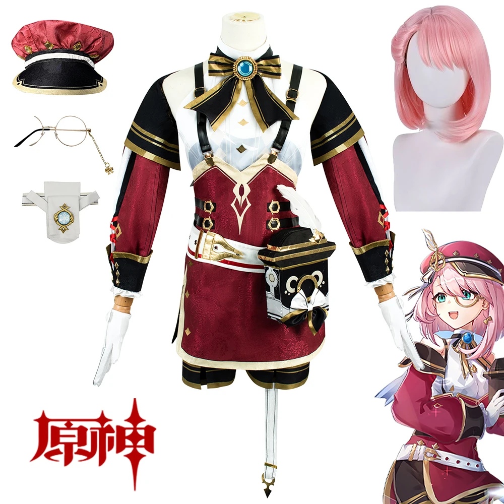 Genshin Impact Charlotte Cosplay Costume Wig Uniform Charlotte Genshin Cosplay Outfit for Women Girls Halloween Costumes Game