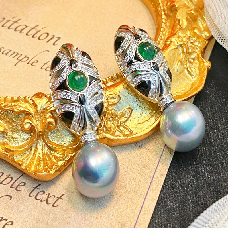 Superior Artdeco imitation Tahiti Grey pearl black drop glue earrings Classical court style emerald earrings girl