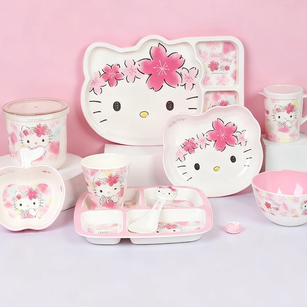 

Student Salad Noodle Bowl Sanrio Hello Kitty Cutlery Anime Thickening Drop Resistant Food Tray Cartoon Fork Fruit Oatmeal Bowl