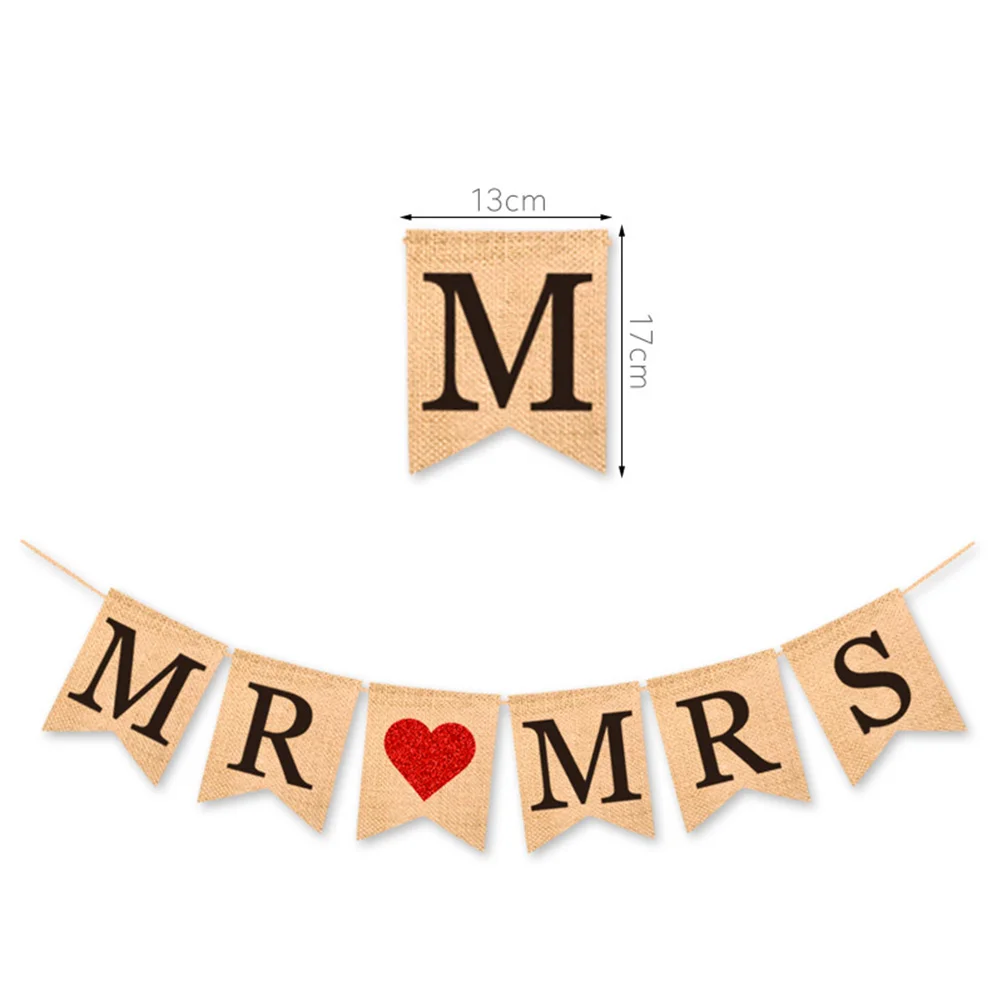 Retro Linen Swallowtail Pull Flag Mr Mrs Banner Vintage Heart Pattern Burlap Letters Bunting