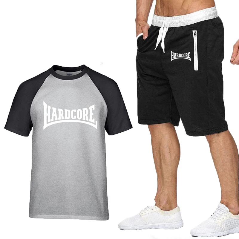 Summer The New Men's T-shirt Hardcore Ma1 Bomber Print Casual high quality Cotton Men's Raglan T-shirt+shorts suit 2pcs