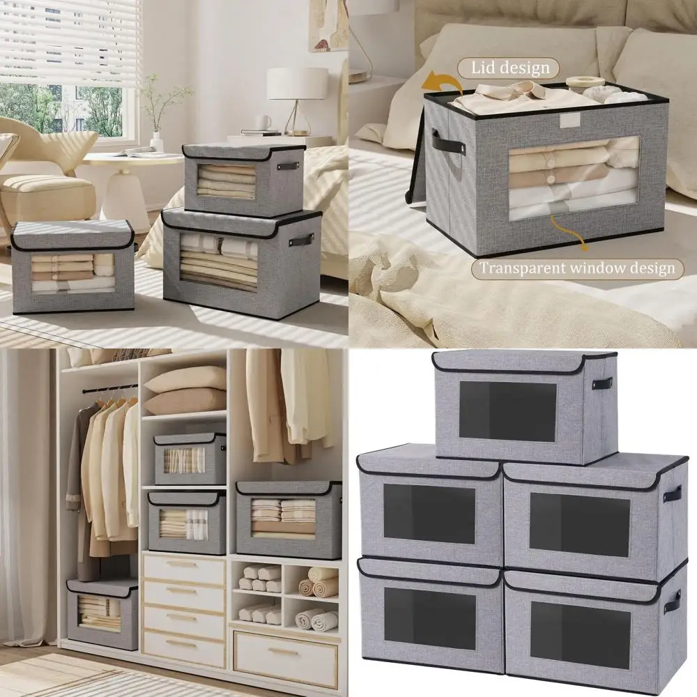 

Серые тканевые ящики для хранения с крышками, 5 шт., 17,7 x 11,8 x 11,8 дюймов, органайзеры для шкафа, спальни и офиса