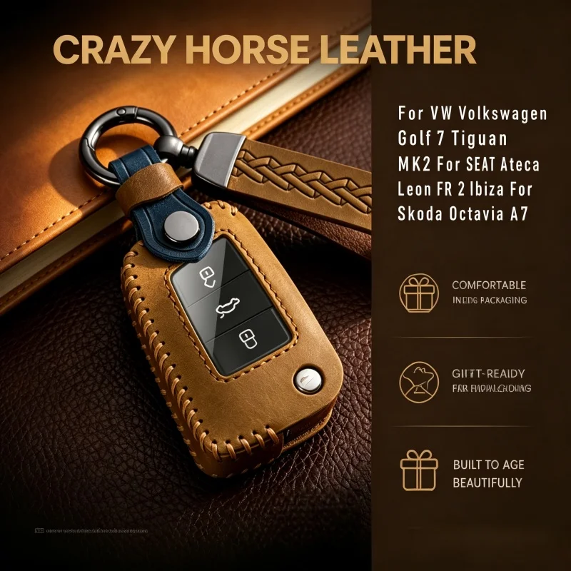 Crazy Horse Leather Key Case For For VW  Golf 7 MK7 Tiguan MK2 For SEAT Ateca Leon FR 2 Ibiza For Skoda Octavia A7 Fob Cover
