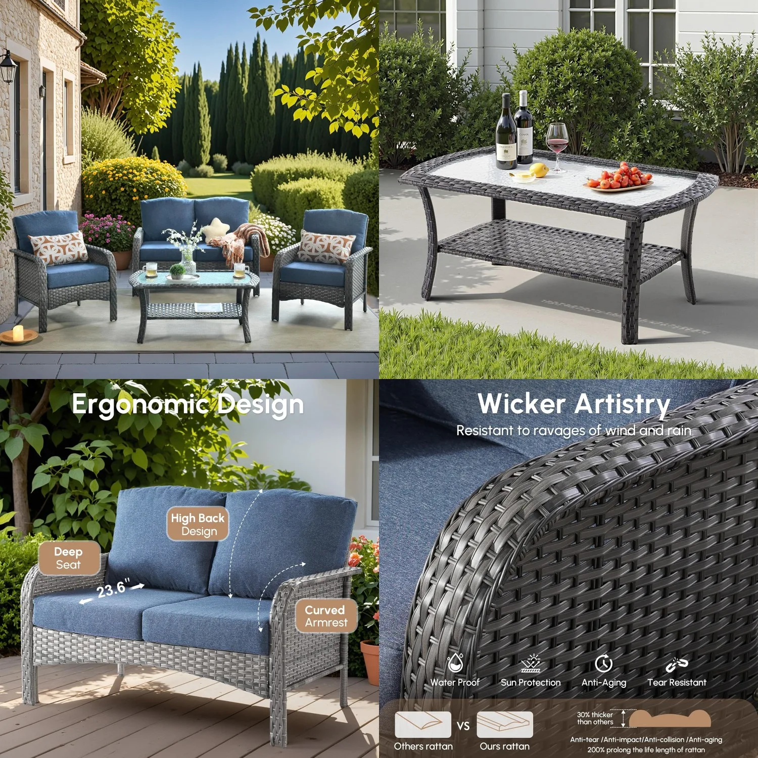 

4pc PE Wicker Patio Conversation Bistro Set Loveseat Chairs High Back Deep Seating Table Customized
