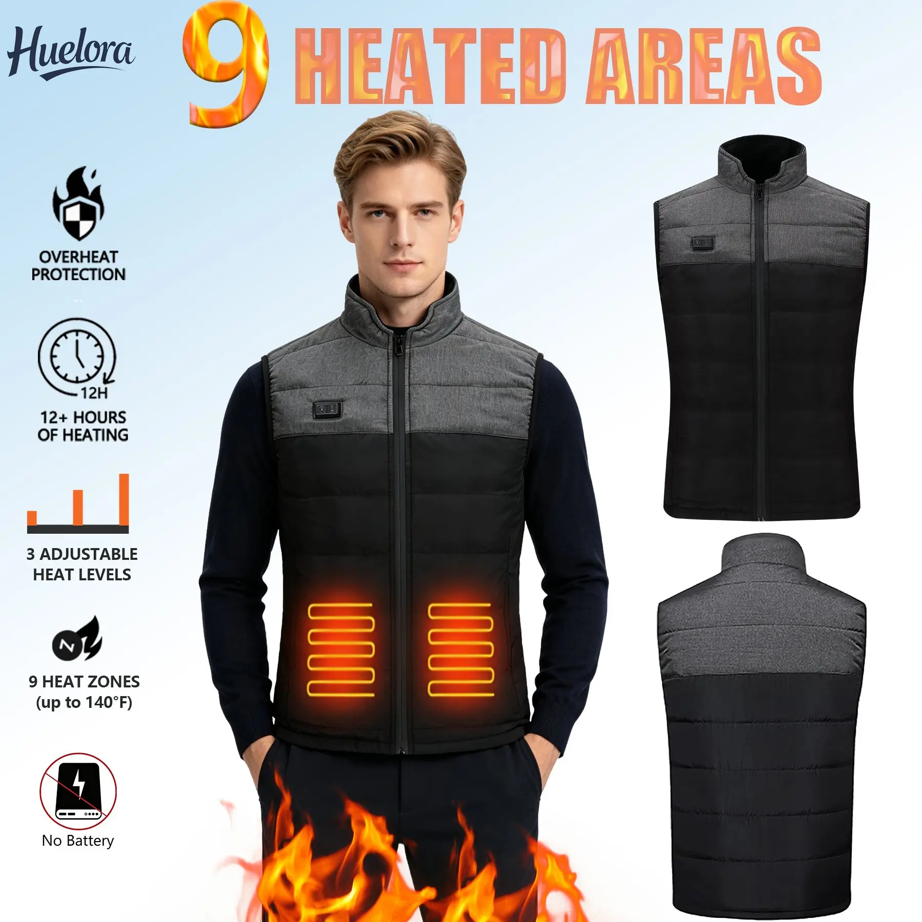 Unisex Stand Collar 9 Heating Zones Color Block Heated Vest Electric Thermal Gilet, 3 Temp Levels, Winter Outdoor Work Vest