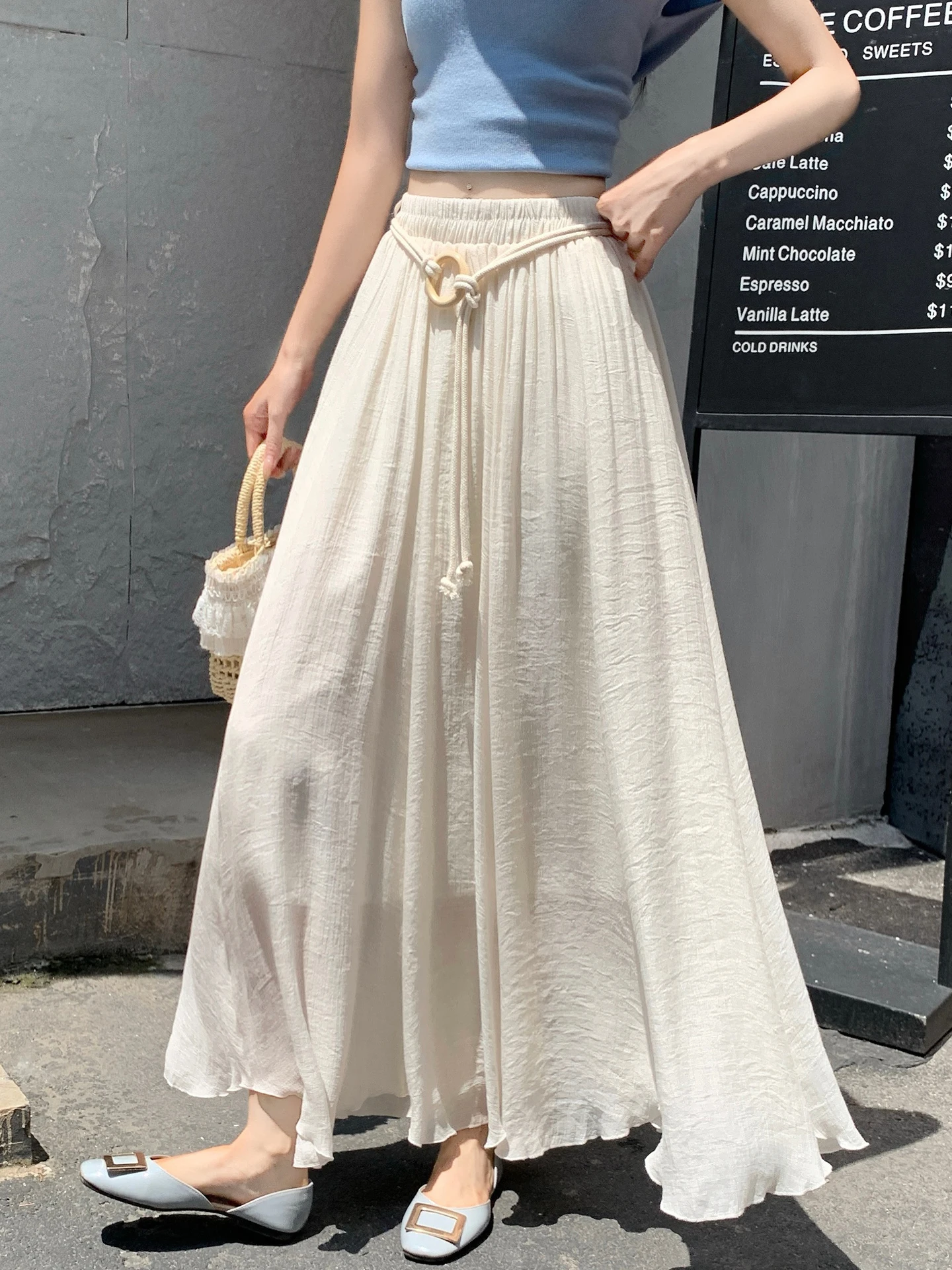 

High Waist A-Line Midi Skirt Women's Summer 2026 New Pear Shape Slimming Drapey Pleated Korean Style Commute Polyester Fiber