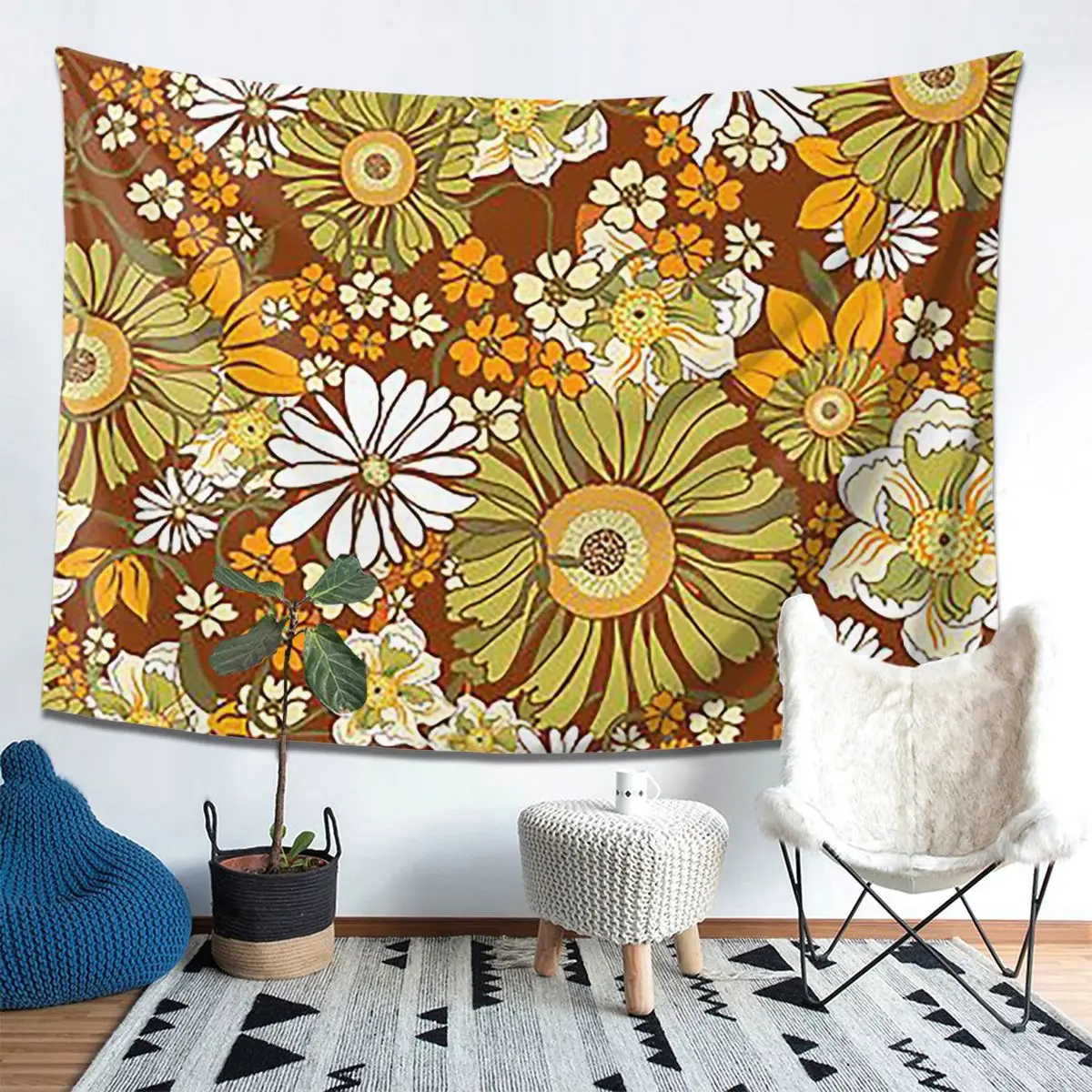 

70s Retro Vintage Flower Power Pattern Boho Tapestry Decor Art Aesthetic Tapestries for Living Room Home Wall Cloth Wall Hanging
