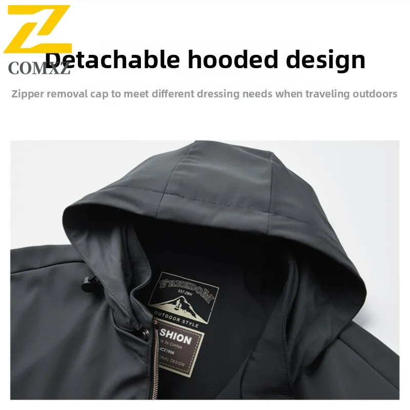 2025 Men's Hooded Jacket Long Coat Waterproof Full Zip Multiple Pockets Detachable Cap Windbreaker Men High Fashion Work Jackets