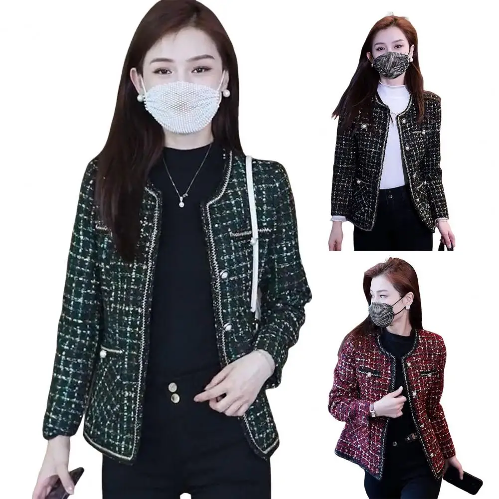 

New Spring Vintage Red Plaid Woven Wool Blends Silk Liner Tweed Jacket Women Sweet O-neck Single Breasted Long Sleeve Short Coat