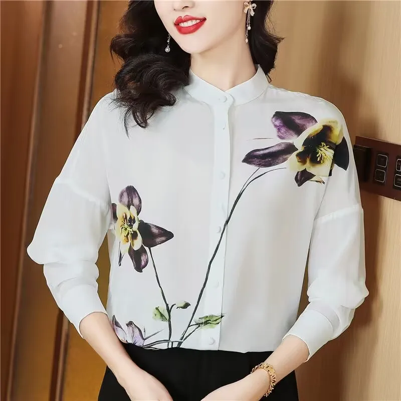 

French Style Long Sleeve Shirt Women Spring New Stand Collar Fashion Commuter Mulberry Silk Top