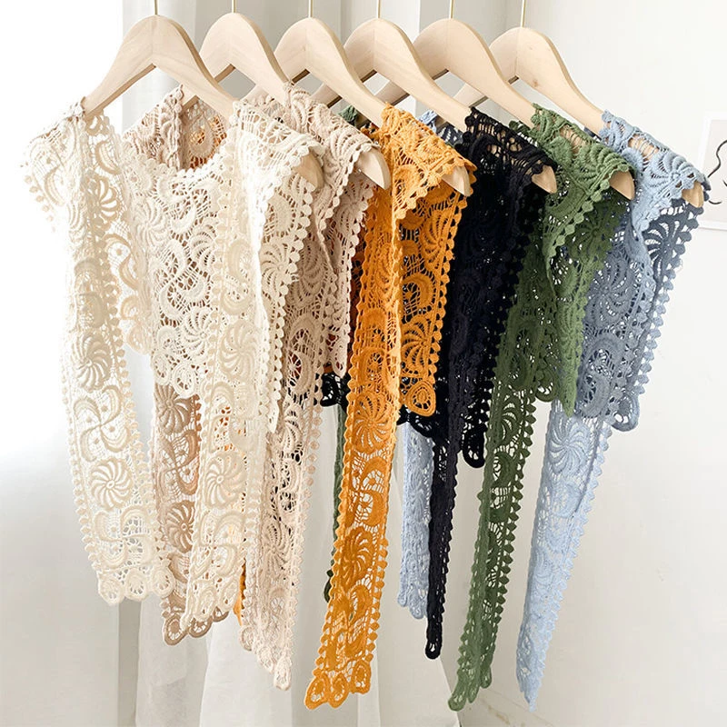 Vintage Palace Style Women False Fake Collar Hollow Out Crochet Lace Half Shirt Necklace Shawl Bowtie