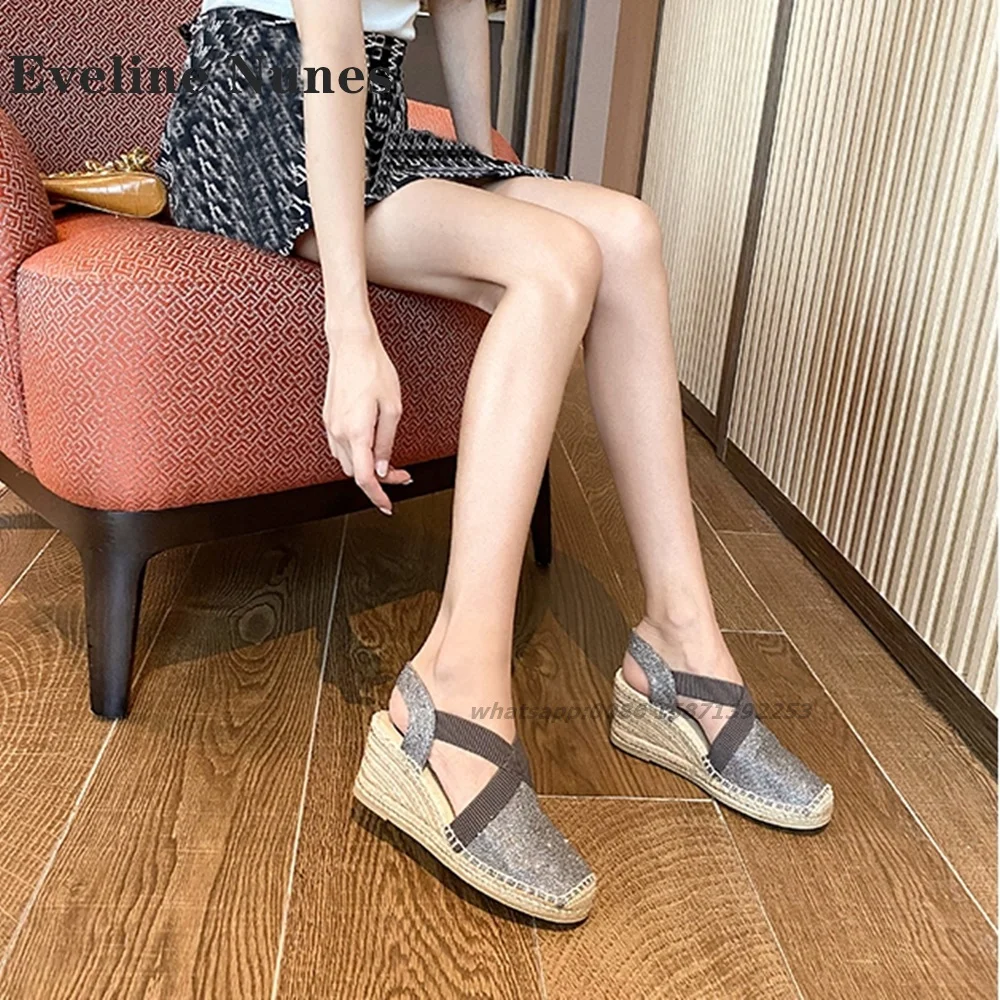 Panno con paillettes fascia elastica diapositive zeppe con punta tonda Patchwork bicolore tessuto aria laterale sandali da donna Slingback scarpe da