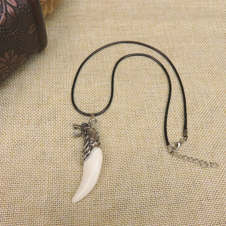 Black wax cord necklace Tibetan silver spike Tibetan mastiff tooth pendant necklace