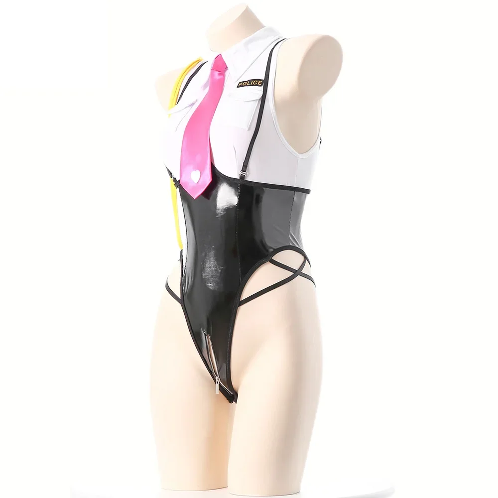 Anime Girl Police Office Uniform Women Bodysuit Outfits Cosplay Costume Pu Leather Open Crotch See Through Role Play Underwear