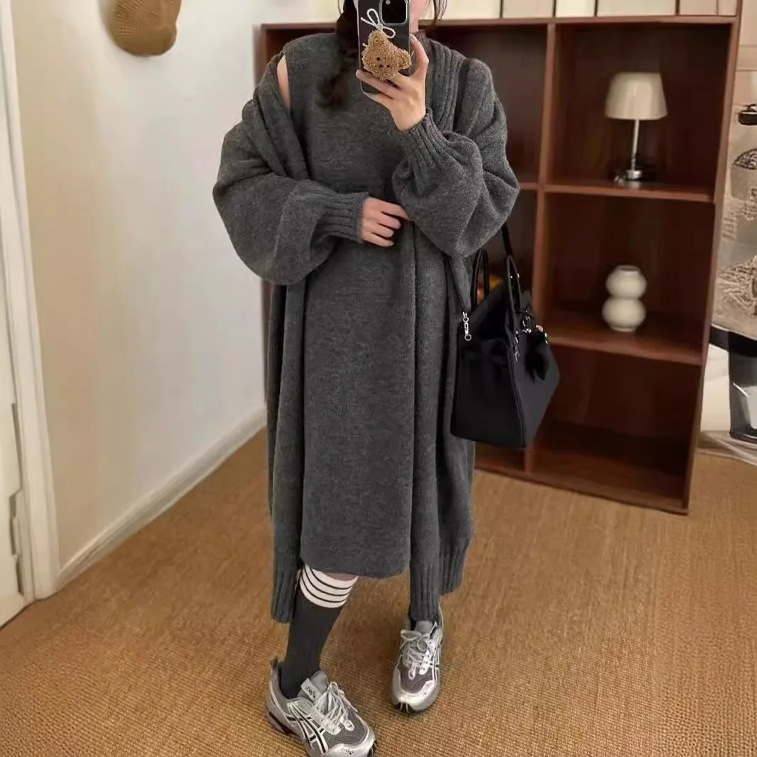 Gestricktes, solides Kleid-Set, ärmellos, knöchellang, Rollkragenpullover, Kleid, lockere Strickjacke, Oberbekleidung, High Street, Herbst 2025,