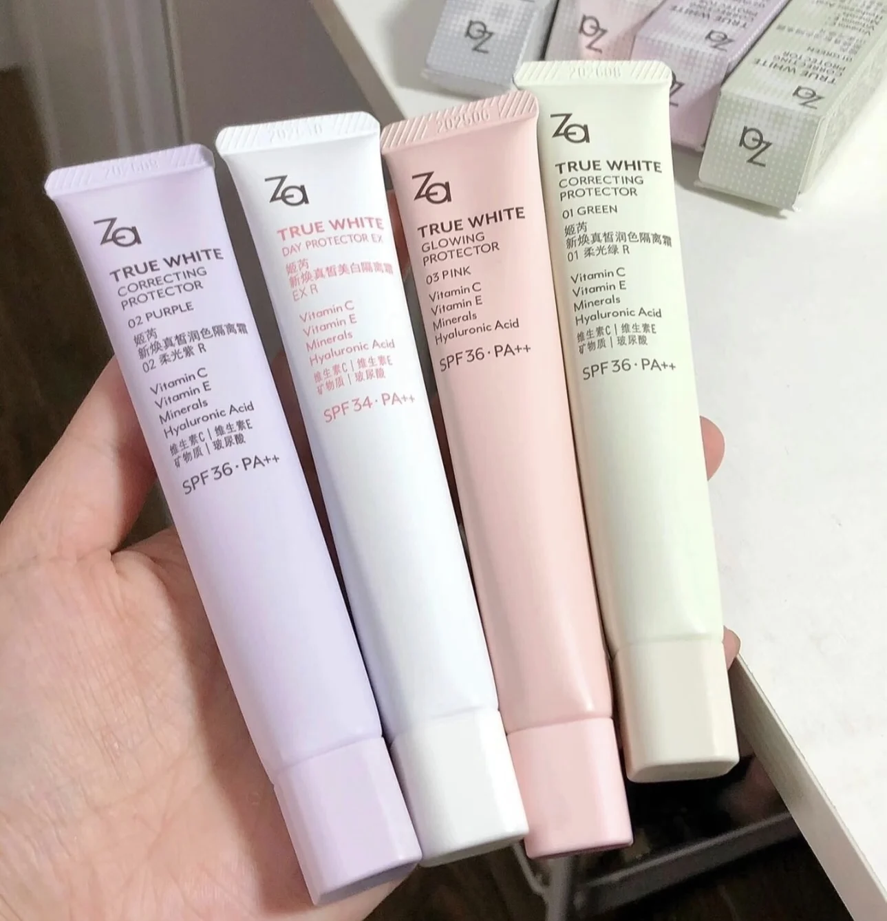 Original Za True White Glowing Correcting Protector Vitamin C E Minerals Hyaluronic Acid SPF36 PA++ Gesichtsaufhellende Sonnenschutzcreme