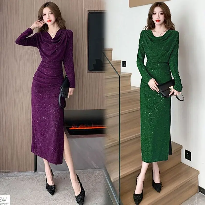 Autumn and Winter Light Mature Wind Bright Silk Temperament Dress For Women 2023 New Fashion and Sexy Split Hip Wrap Long Skirt