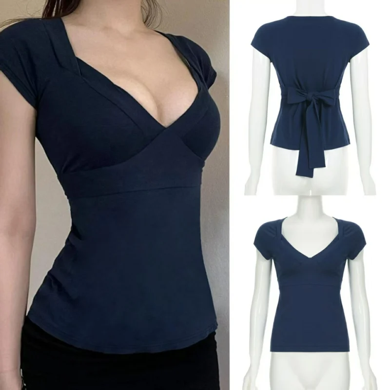 

Тонкая футболка с бантом, женская сексуальная футболка с v-образным вырезом и коротким рукавом, женские однотонные короткие топы, уличная одежда, уличная одежда