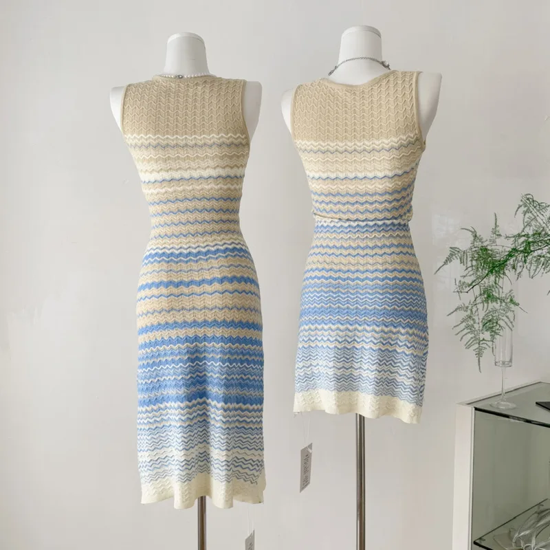 ผู้หญิงฤดูร้อนลายชุดยาวลําลอง Sundress แขนกุด Ribbed ถักเสื้อกันหนาวชุดชายหาดชุด 2025 Vestidos