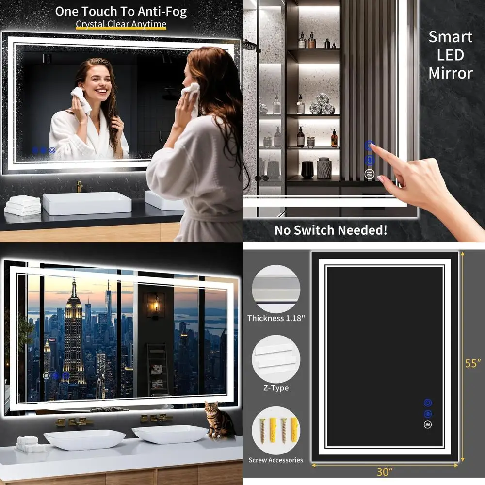 مرآة حمام LED مضادة للضباب، مقاس 55 × 30، قابلة للتعتيم، 3 أضواء ملونة، زجاج مقسى، مقاومة للماء #1