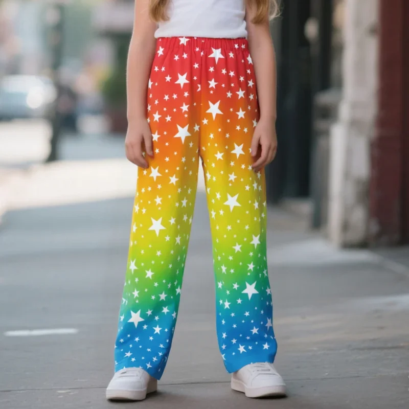 

Kids' Rainbow Star Print Wide Leg Trousers Colorful Elastic Waist Girls' Fashionable Pants 2026
