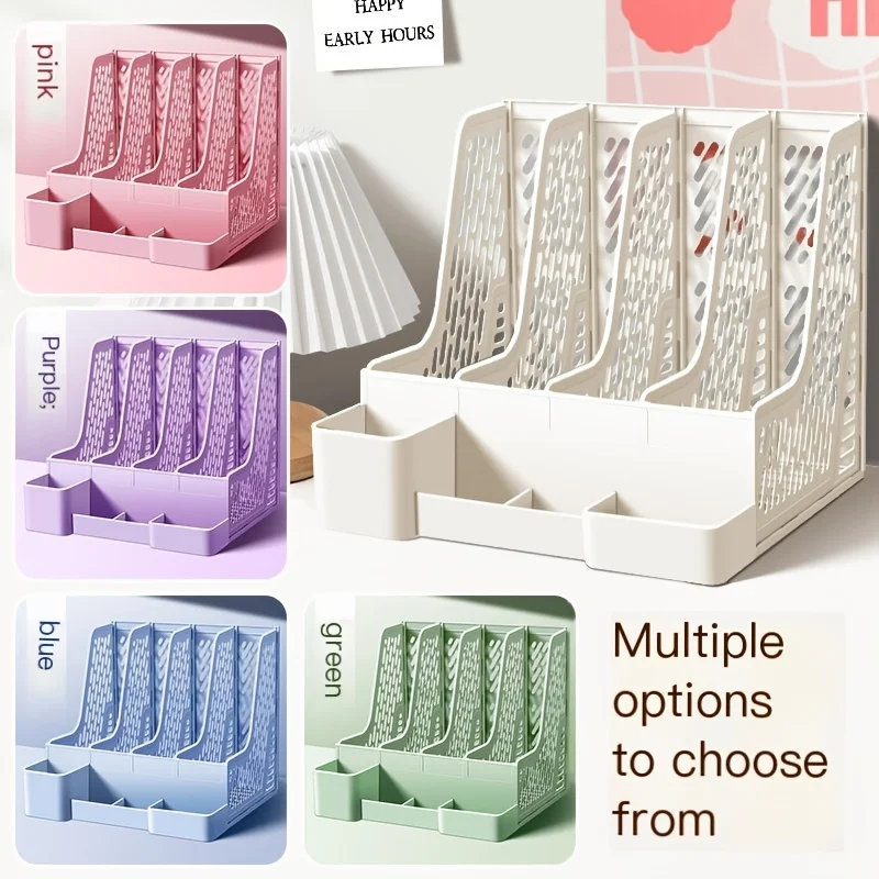 Magazine File Holder Rack/Vertical Desktop File Organizer - Plastic Desk Organizer for Files, Folders, Books - 4 Compartment