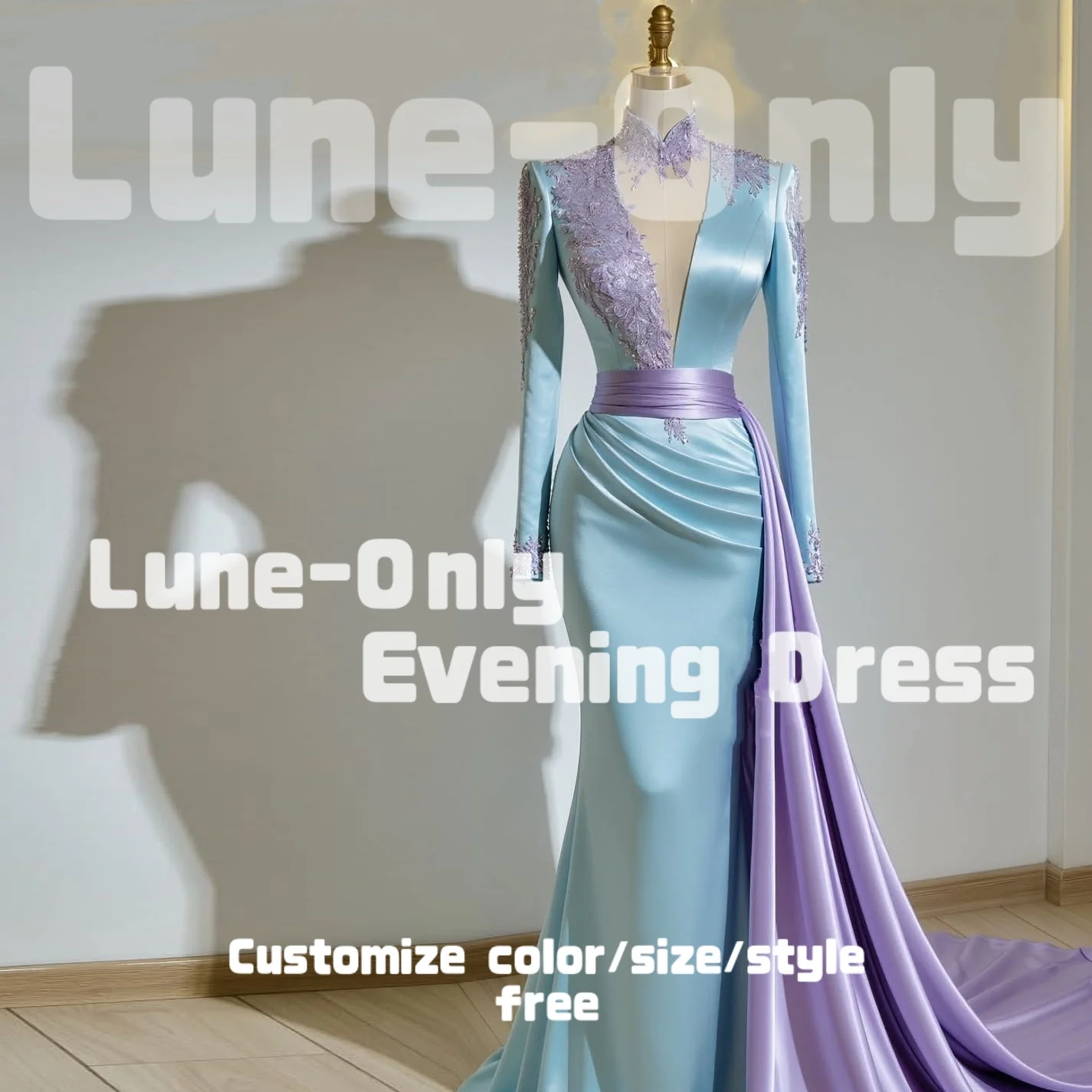 カスタマイズされたライトブルーライラックサテンアップリケエレガントな女性のイブニングドレス長袖フォーマルな機会ウエディングドレスパーティードレス