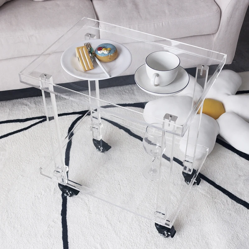 

Acrylic Side Table Trolley Storage Cabinet Living Room Mobile Coffee Table Bedside Table Transparent Simple