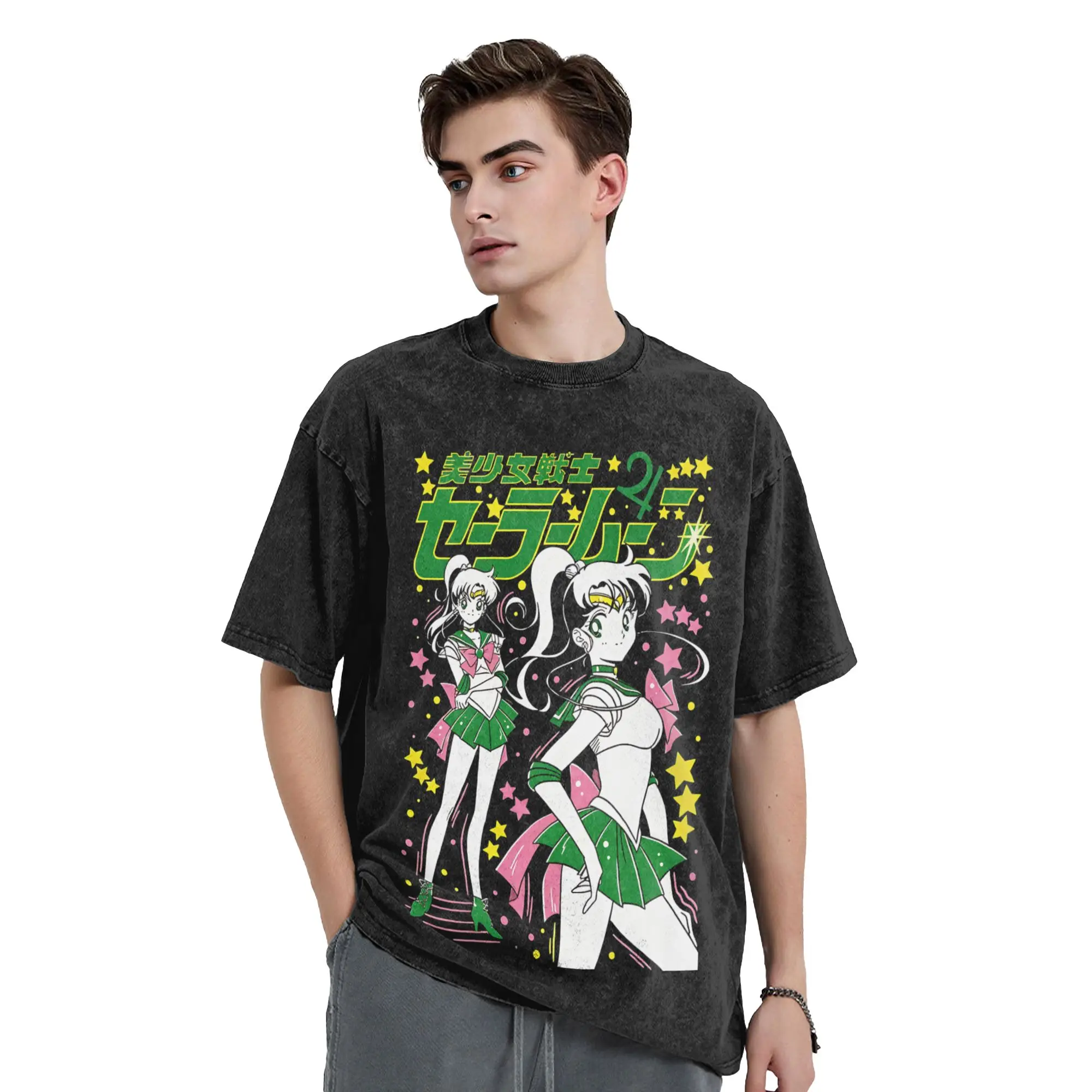 Washed T Shirt Sailors Moons Hip Hop Vintage T-Shirt Harajuku sailor moon  Streetwear Cotton Summer Tops Tees for Men Women