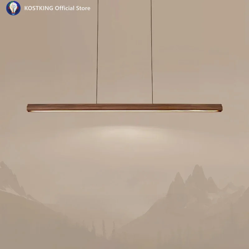 Walnut Wood Minimalist Cloud Brass, Wabi-Sabi Modern Vintage, Linear Pendant Light for Dining, Kitchen, Bar Island, Study Office