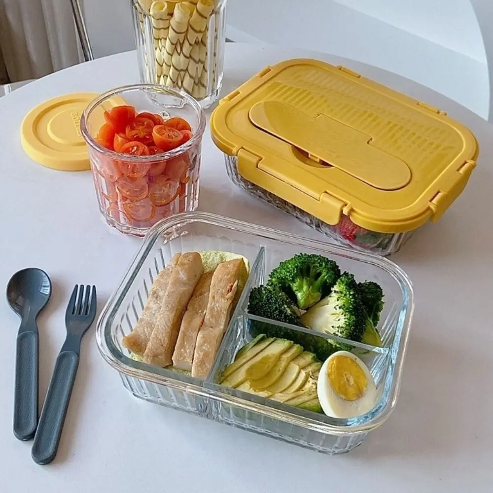 

2 Grids/Grids Glass Lunch Box Sealed Leak-Proof Food Storage Container Large Capacity with Spoon and Fork Food Preservation Box
