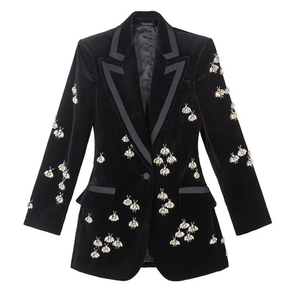 Bee Diamond Studded Bead Design Velvet Blazer For Women Black High Waist Long Sleeve Causal Jackets Female Fashion New