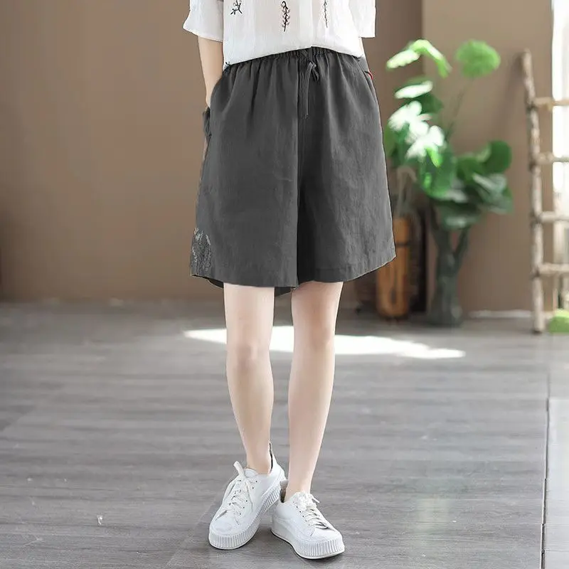 Women Summer Simplicity Loose Embroidered Cotton and Linen High Waist Wide Leg Women Clothes Casual All-match Appear Thin Shorts